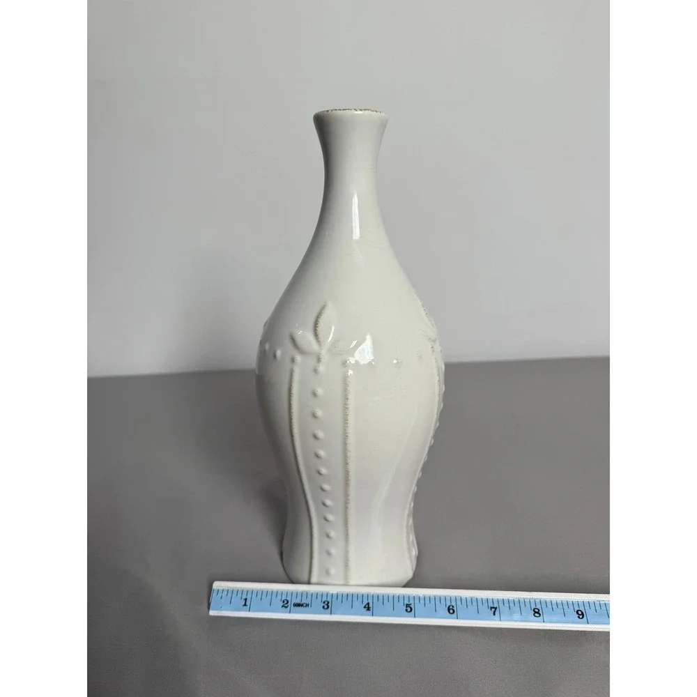 White Ceramic Bud Vase Embossed Floral Dotted Detail Iridescent Gloss 11.5 inch